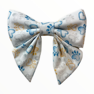 White w / Blue - Gold Hearts & Paws Girlie Bow