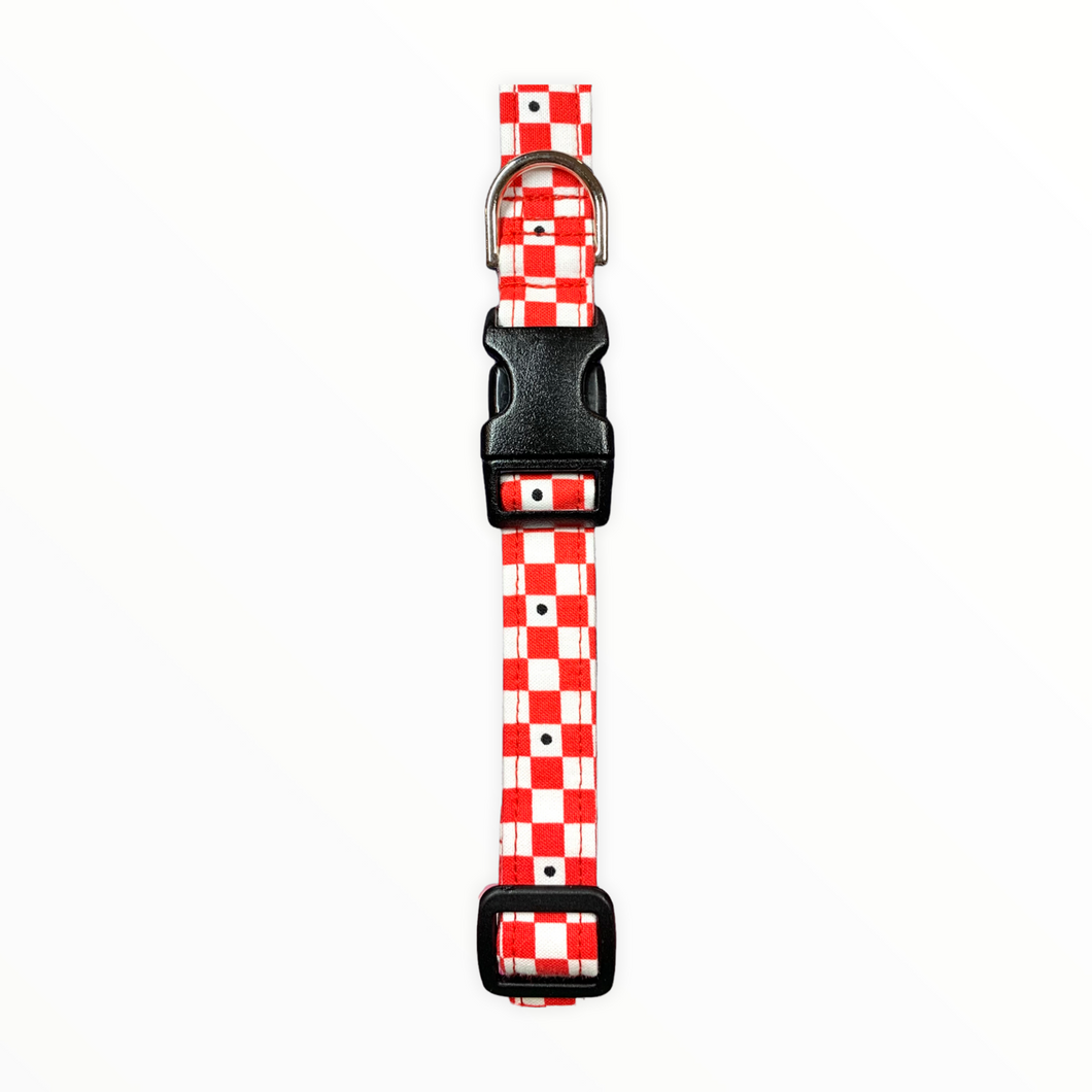 Red & White Check / Black Dots Dog Collar